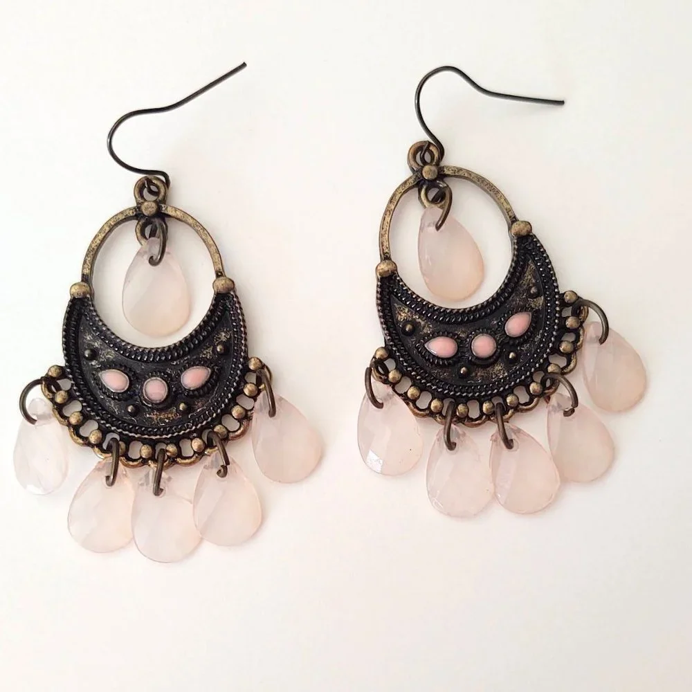 Antique gold, pink enamel and pink dangle beaded earrings